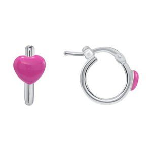 STERLING SILVER 925 RHODIUM PLATED PINK ENAMEL HEART PLAIN HOOP EARRINGS